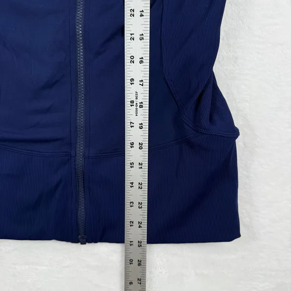 Lululemon Reversible Navy Blue Hooded‎ Zip Up Athletic Jacket Thumbholes Size 10 - Image 3