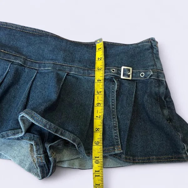 Y2K 2000s Trendy Grunge Biker Mcbling Micro Mini Pleated Buckle Skirt Skort Shorts Low Rise Denim Jean Navy Blue Baddie Vixen Dark Academia Preppy Schoolgirl #whimsigoth #cyber punk #biker #streetwear acubi gothic deadstock gorpcore whimsygoth Size L - Measurement in pics - Image 5