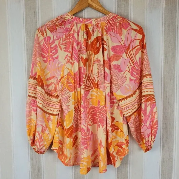 Size S Tropical Floral Bohemian Peasant Style Blouse With Tassels - Image 9