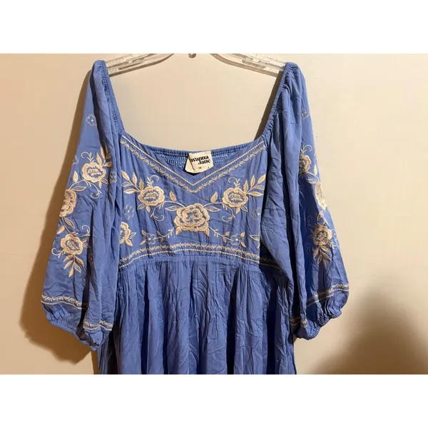 Savanna Jane Babydoll Dress 1X Blue New Floral Embroidered‎ Boho Puff Sleeve - Image 11