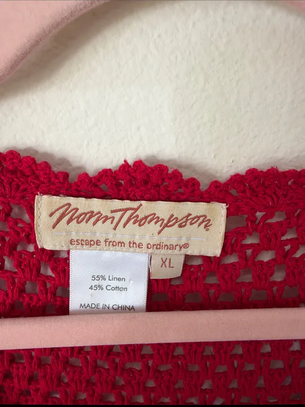 Norm Thompson red linen cotton, crochet knit, 3/4 sleeve sweater cardigan XL - Image 9
