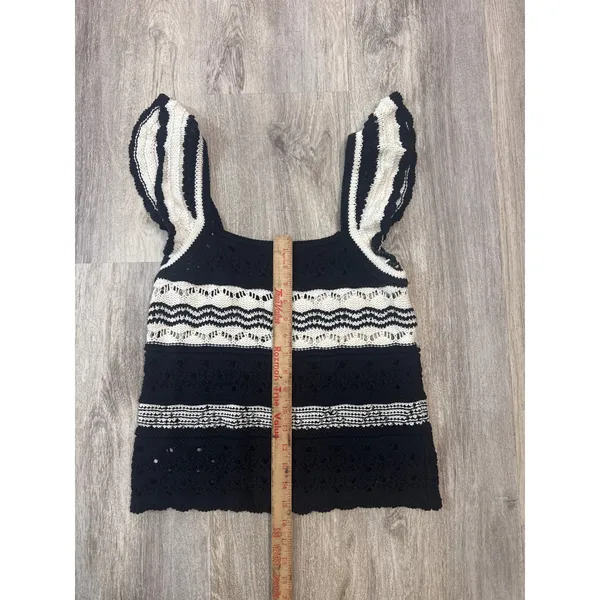 Loft Crochet Knit Ruffle Sleeve Striped Tank Black White Square‎ Neck Size Small - Image 3