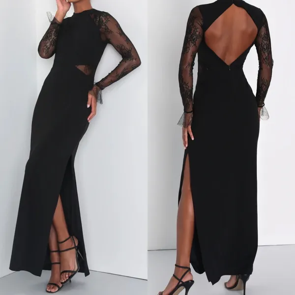 NWT Lulus Size Large Bragging Rights Black Lace Long Sleeve Column Maxi Dress - Image 2