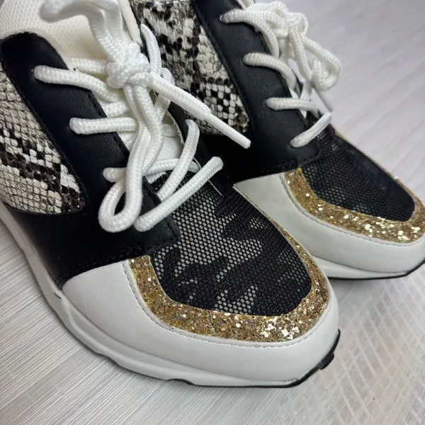 Steve Madden Cliff Barra Fashion Wedge Sneakers Black Gold Multi Lace Sequin - Image 8