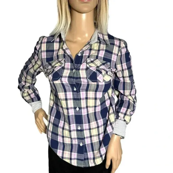 TOMMY HILFIGER Shirt Womens Small Purple Plaid Long Sleeve Button Front Top - Image 2