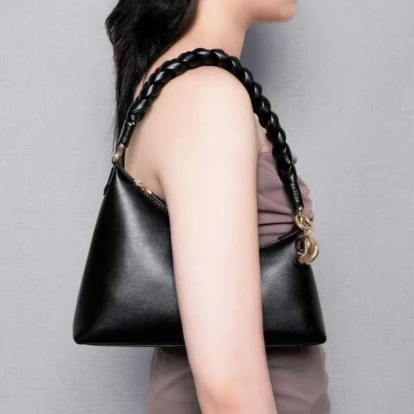 Aupen Nirvana Calfskin Leather with Gold-Tone Metal Shoulder Handbag Noir Black - Image 2