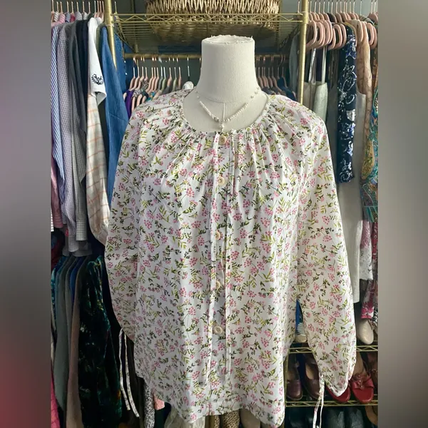 J.Crew Tie-Sleeve Button-Front Cotton Poplin Blouse Meadow Floral Cottagecore M - Image 4
