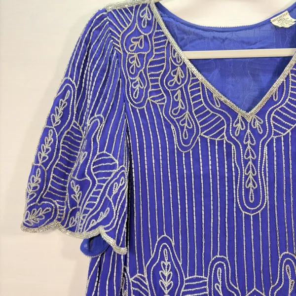 Vintage Royal Blue‎ Silk Beaded Blouse Silver Bugle Bead Scalloped Hem Top Small - Image 5