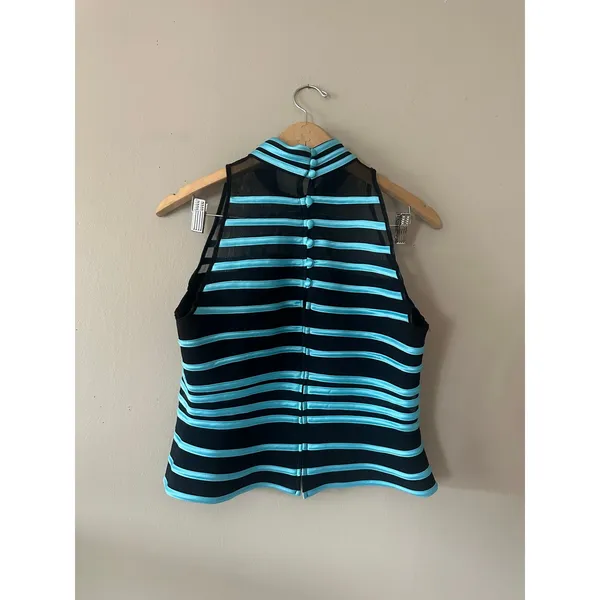 JS Collections Black and Blue Striped Mesh Mock Neck Top Size 14 - Image 8