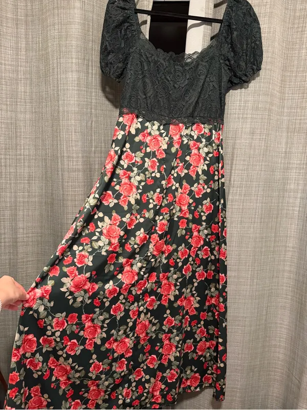 Altar'd State Dark Green Lace Top Midi Dress with Rose Print - Image 3