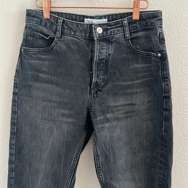 Zara Black Washed Denim Button Fly Straight Denim USA 6 - Image 3