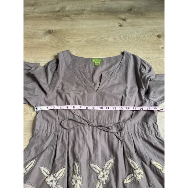 Vintage Femme tunic drawstring waist cotton embroidered flowers brown size L - Image 8