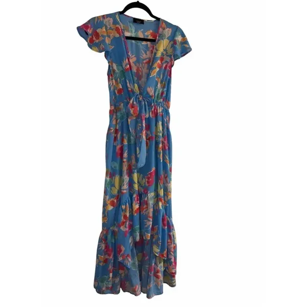 ✨VICI Deep V-Neck Bow Tie Front All Over Floral High Low Maxi Sz Medium Dress✨ - Image 6