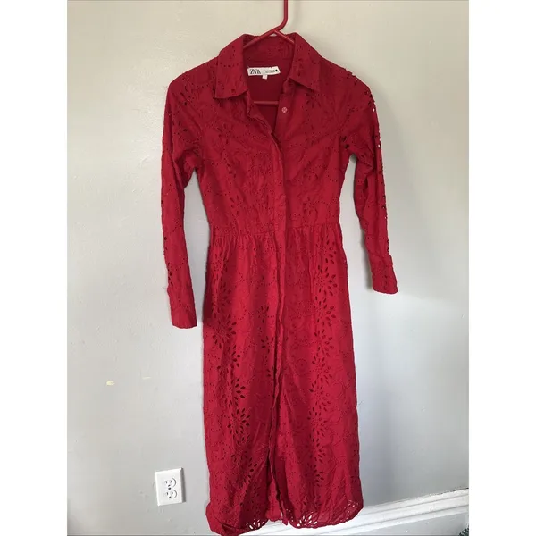Zara Women eyelet embroidered dress Red 8420/916 Size XS x-small - Image 3