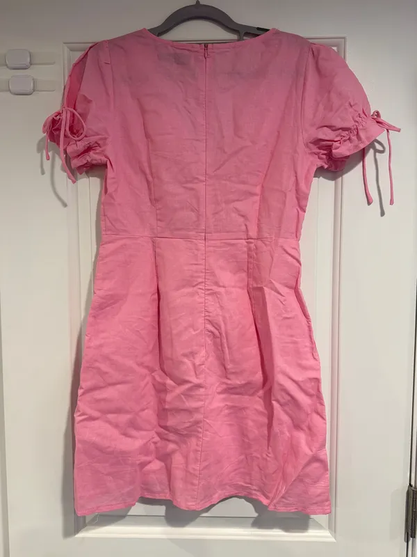 Hello Molly Pink Mini Dress Women's Size M V Neck Coquette Linen Cotton - Image 7