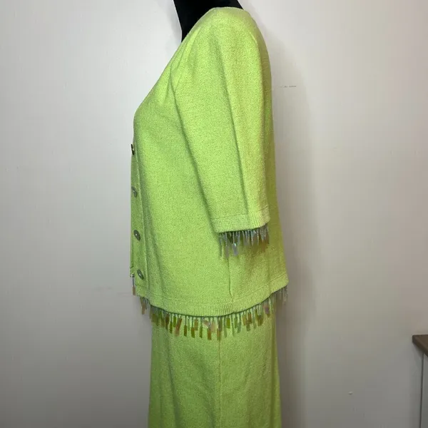 Vintage Liz Sheldon Ltd Lime Green‎ Skirt and Sweater Set w/ Jewel Tassel Detail - Image 9