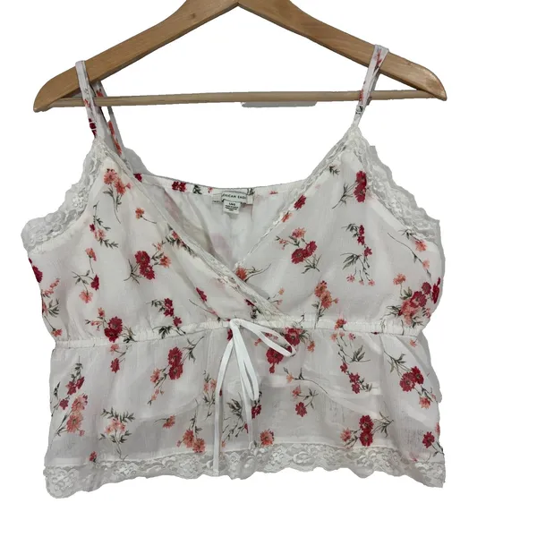 American Eagle Faux Wrap Babydoll Cami Women's L Floral Lace Festival Coquette‎ - Image 3