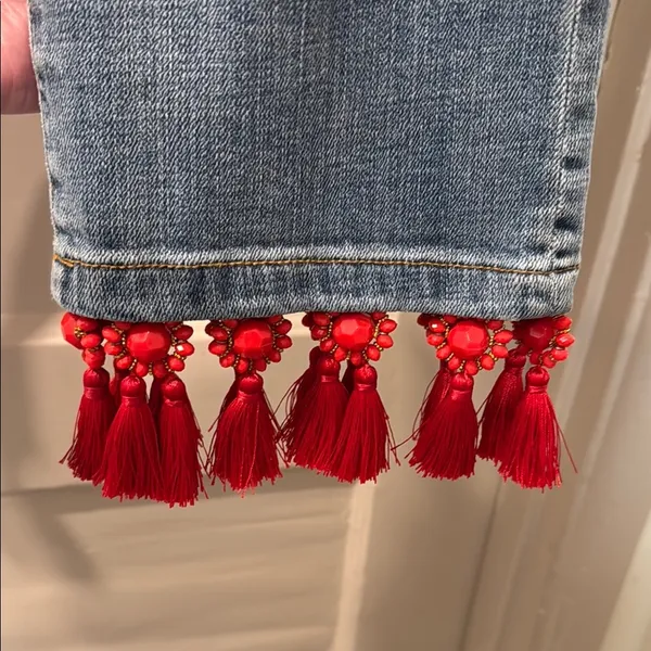 Anthropologie Pilcro Slim Boyfriend Jeans with Red Tassels - Image 5