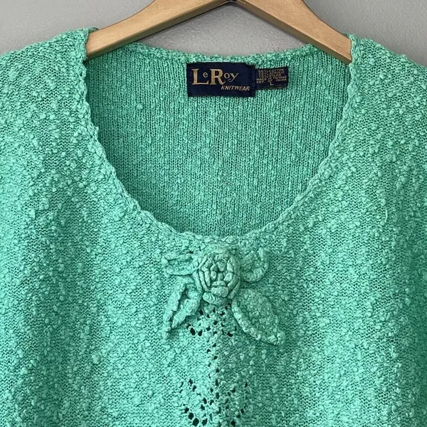 80s Vintage Pointelle Sweater Size L Green Dainty Cottagecore Summer Romantic - Image 2
