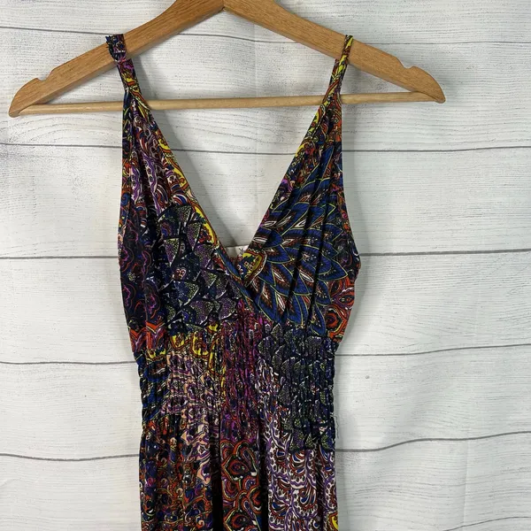 Gypsy Chic Maxi Dress Boho Paisley Print V-Neck Smocked Waist Sundress Festival - Image 3