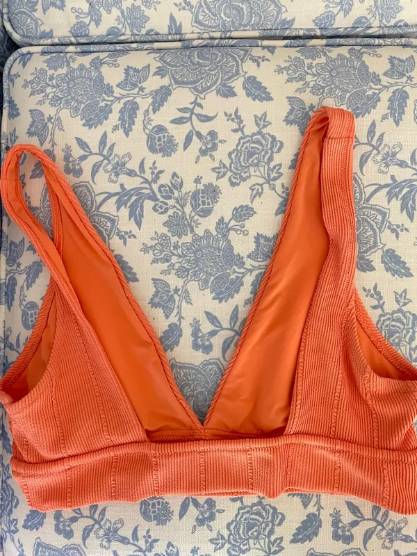 Aerie Crinkle Ribbed Triangle Longline Plunge Bikini Top Orange Large - Image 3