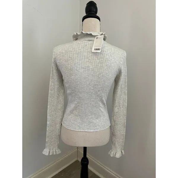 H&M Grey‎ Ribbed Mock Neck Sweater Medium Long Sleeve Ruffle Girlhood Office Neutral - Image 5