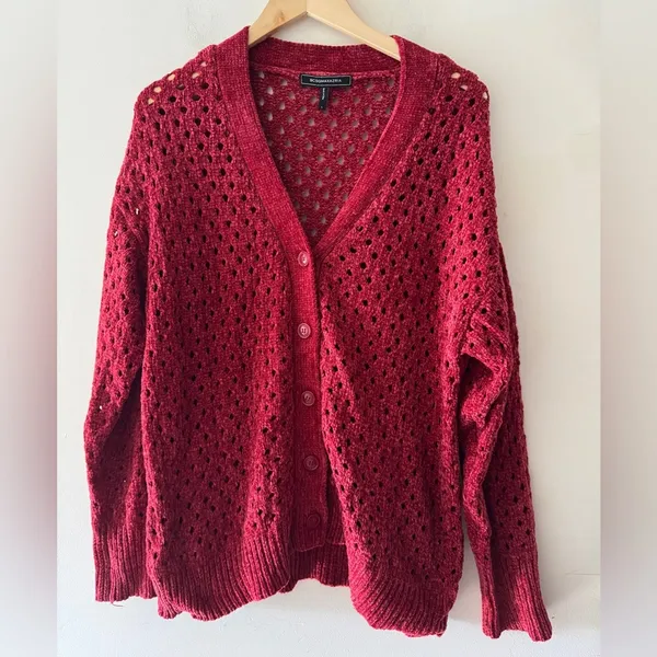 BCBGMAXAZRIA Women's Relaxed Open Knit Red‎ Chenille Cardigan Button Sweater - Image 2