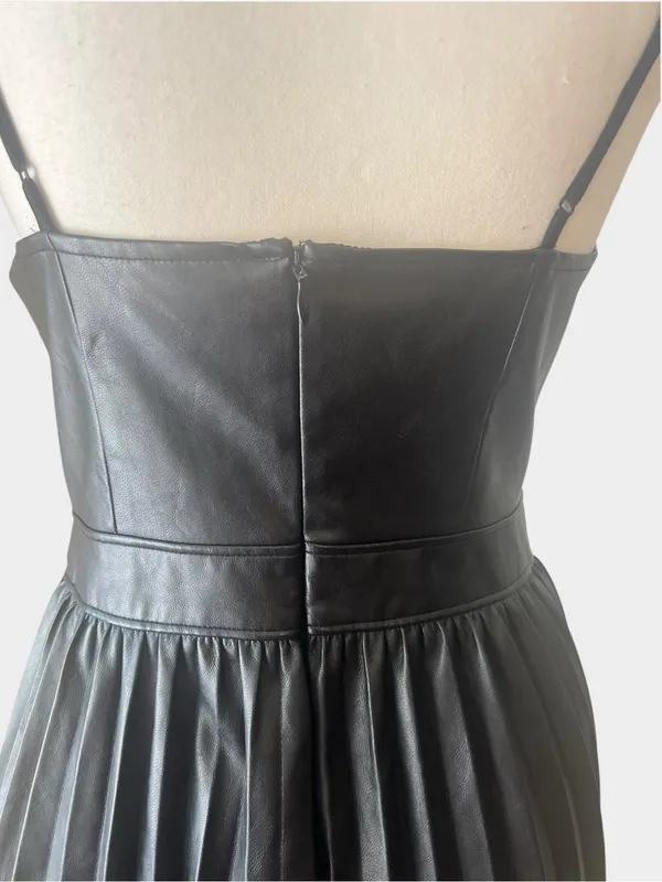 Express Black Faux Leather Pleated Midi Dress Lace Trim Small Goth - Image 7