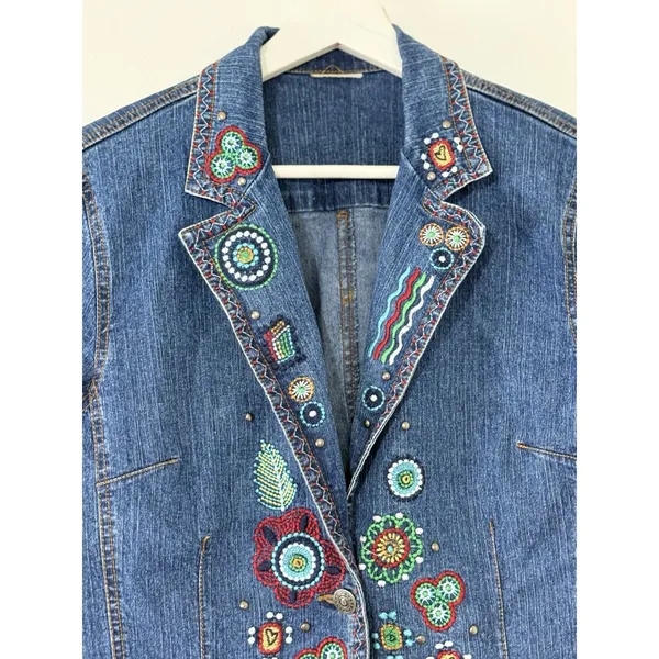 Women’s Aztec Embroidered Denim Jacket Boho Western Floral Pocket Size S - Image 3