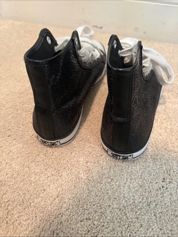 Black Sequined High-Top Sneakers with White Laces - Image 5