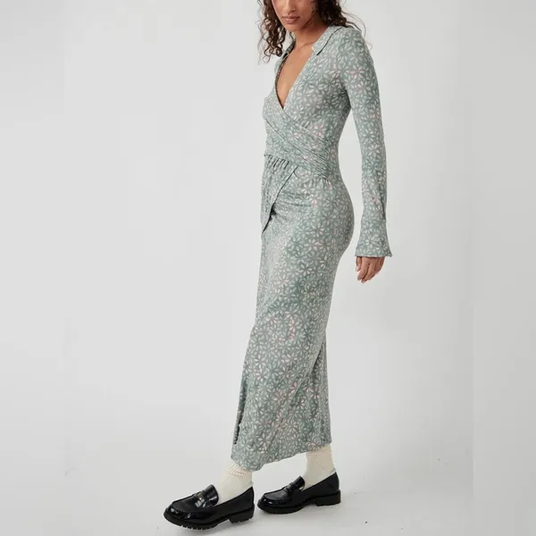 Free People Shayla Floral‎ Long Sleeve Wrap Midi Dress Size S - Mint Combo - NWT - Image 2