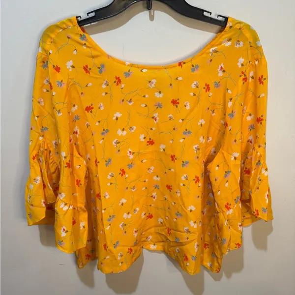 Madewell Silk Painted Carnations Floral‎ Ruffle Sleeve Blouse Gold Yellow - Image 3