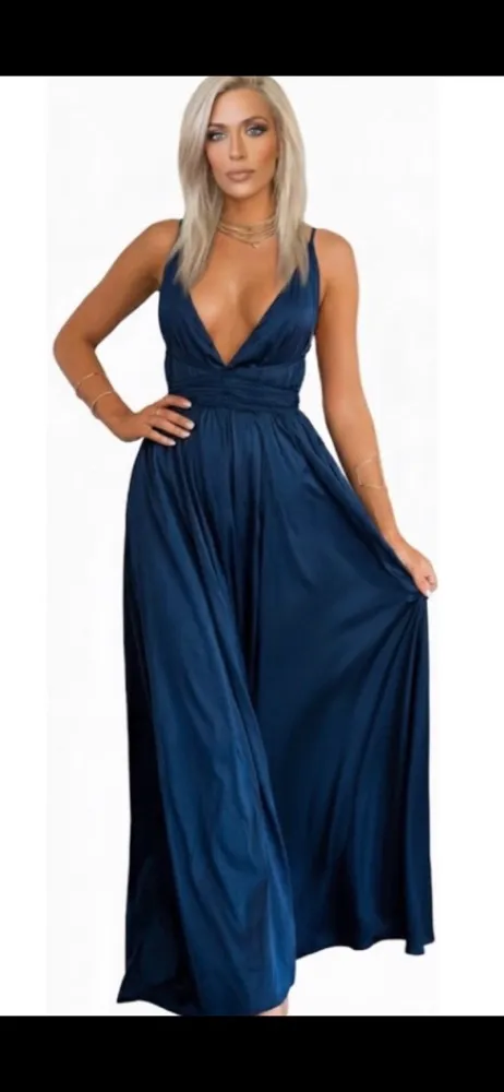 Elegant satin Navy backless Maxi Dress with 10 way back tie options - Image 10
