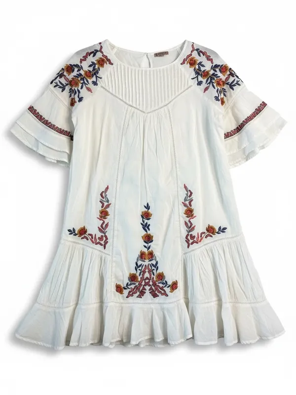 Free People Tunic Dress Womens XS Ivory NEW Embroidered Boho Ruffle - Image 4
