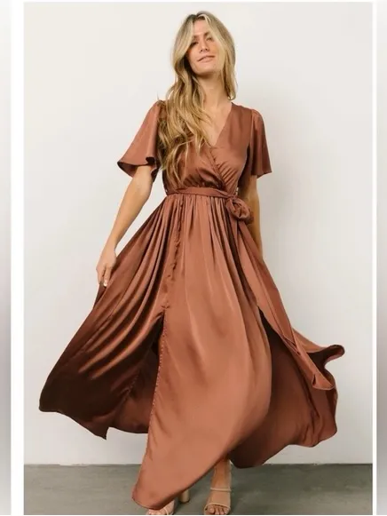Baltic Born Sicily Short Sleeve Maxi Dress Satin Front Slits Rosy Brown XXL - Image 2