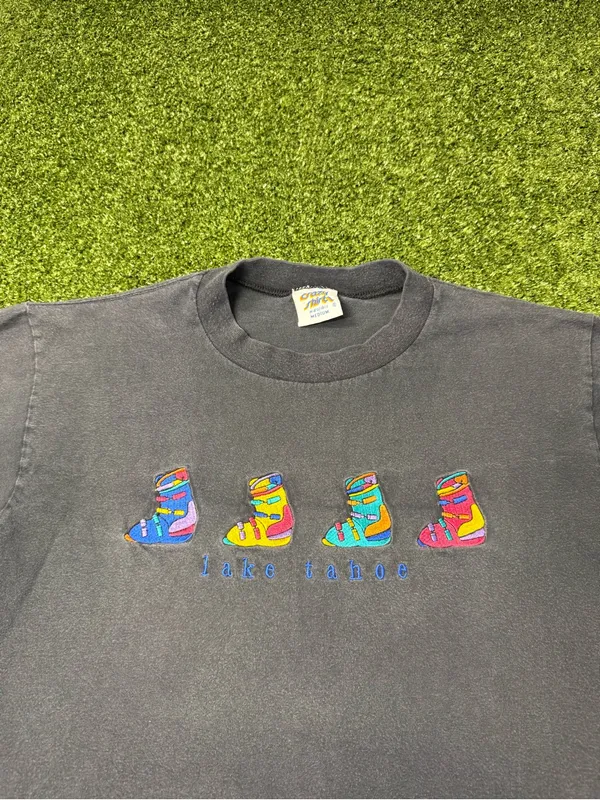 Vintage Crazy Shirts Lake Tahoe Ski Boot Long Sleeve‎ Black Colorful T-Shirt S - Image 2