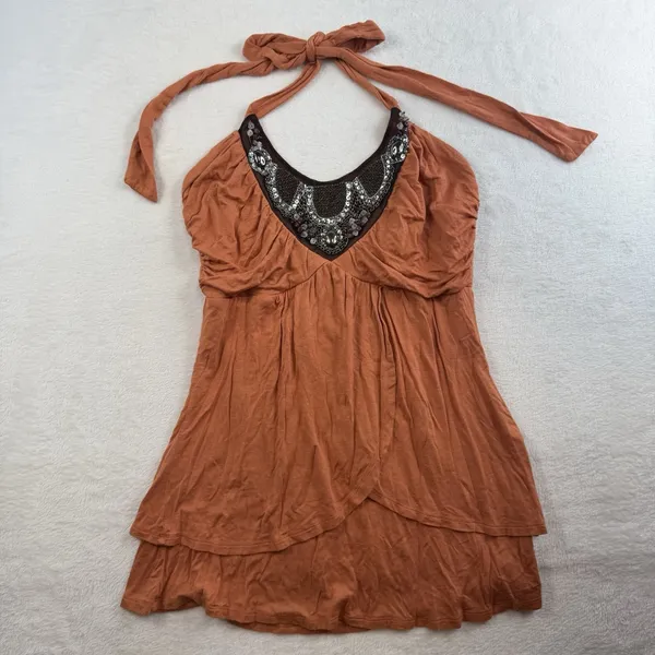 Vtg Y2K M Medium Babydoll Halter Top‎ Embellished Bling 90s Club Party Orange - Image 3