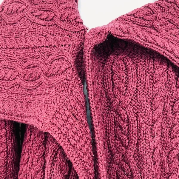 Aran Sweater Knit Merino Wool Burgundy Duster‎ Cardigan Sweater Size S Fisherman - Image 4