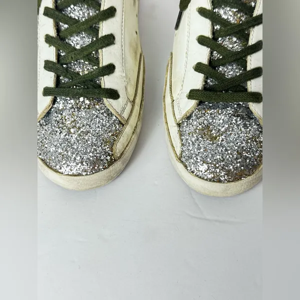 Golden Goose White Sneakers with Silver Glitter and Leopard Star Size 39 - Image 5