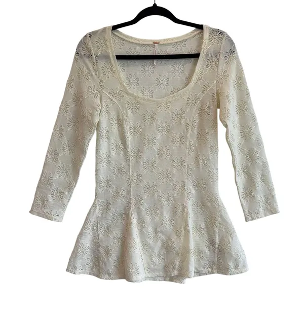 Free People Ivory Lace Tunic Top Medium Floral Sheer Long Sleeve Boho Festival - Image 2