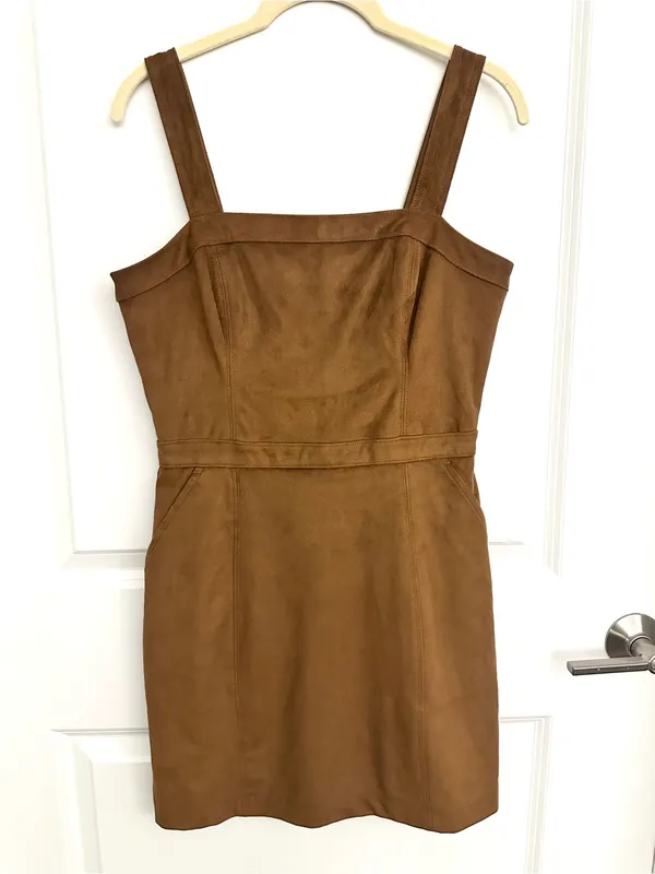 Abercrombie & Fitch Faux Suede Mini Dress Brown Square Neck Pockets Size Small - Image 2