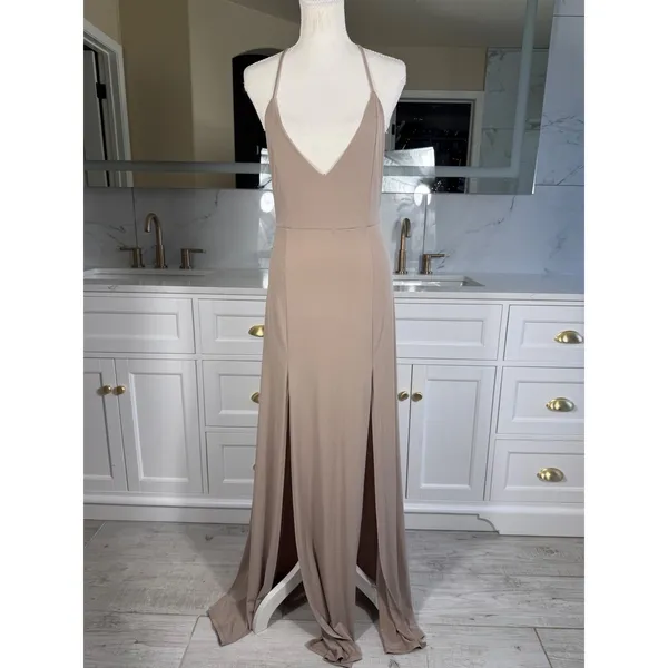 Maxi Dress Womens M Taupe Deep V-Neck Double Slit Open Back Gown - Image 3