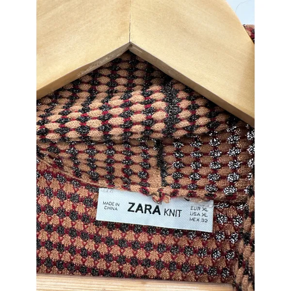 Zara Sweater Women XL Tan Black Red Long Sleeve‎ Open Front Knit Cardigan - Image 6
