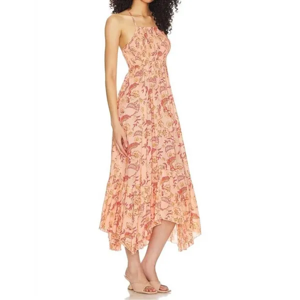 NEW FREE PEOPLE heat wave printed maxi slip dress in dusk coral combo sz L - Image 3