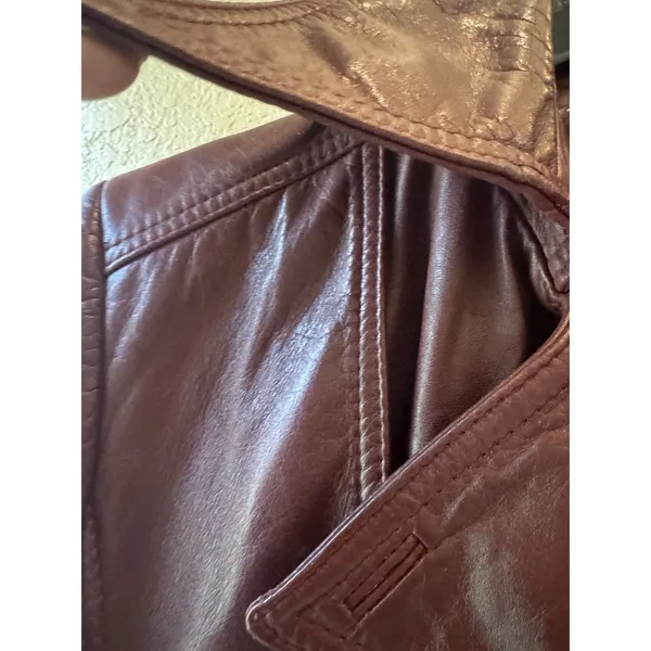 Vtg‎ Etienne Aigner Leather retro Jacket Sz 14 Burgundy Belted Button Front - Image 9