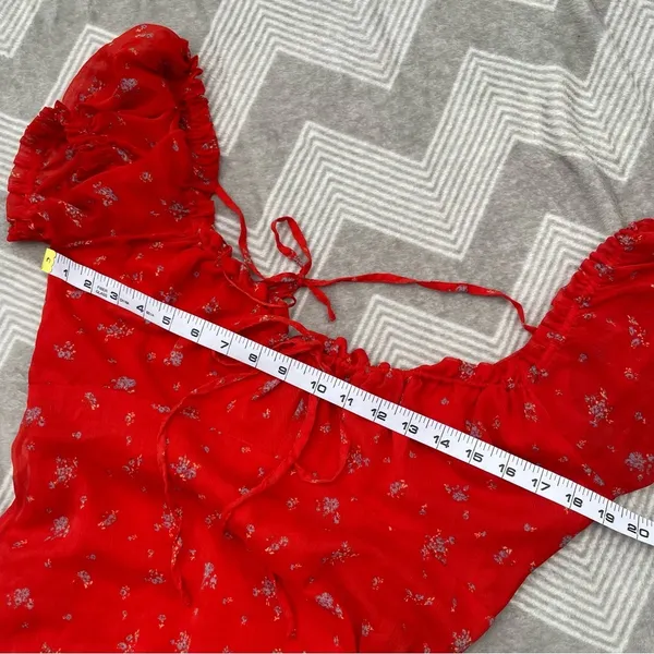 Urban Outfitters Red Ditsy Floral Milkmaid Puff Sleeve Cottagecore Mini Dress L - Image 7