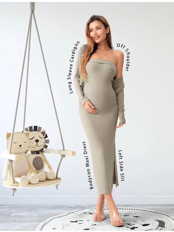 SUNNYBUY Baby Shower Maternity Tube Dress Short Cardigan Ribbed Maxi Dress - Image 3