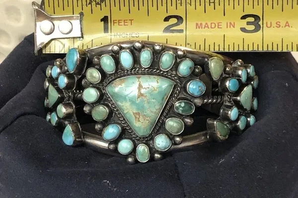 Navajo Indian 70 grams Sterling Silver Turquoise Cluster Bracelet Signed - Image 14