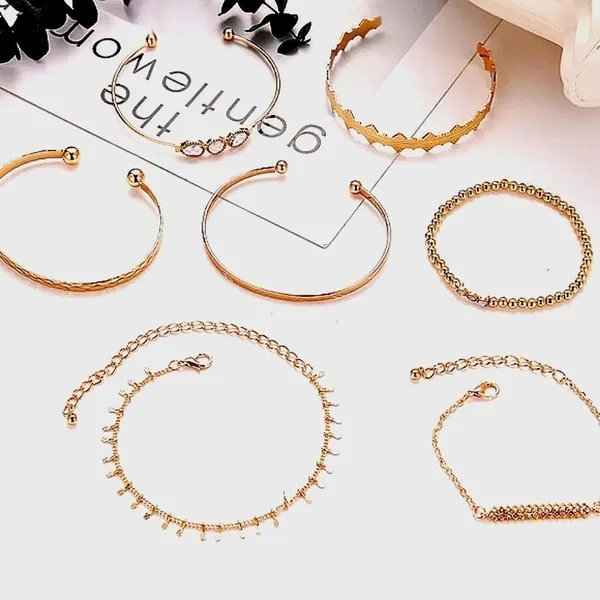 NEW Solid Gold‎ Plated 7 pc Boho Stacking Bracelet Set - Image 9