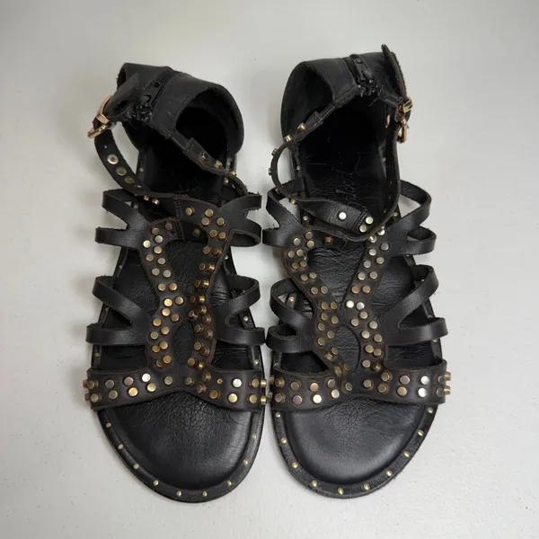Free People 37 US 7 Gladiator Sandals Black Leather Studded Strappy Boho Flat - Image 10